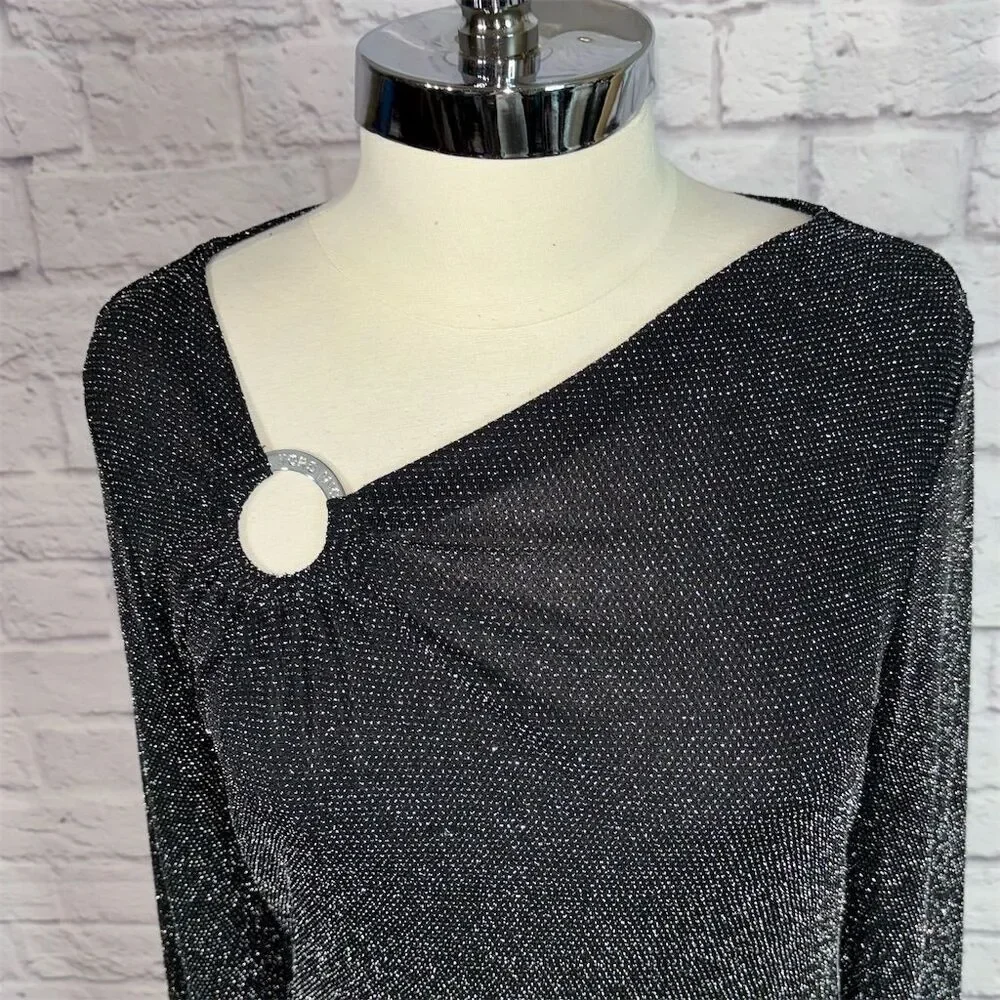 Michael Kors Black Silver Shimmer Metallic Logo O Ring Asymmetric Neckline Top